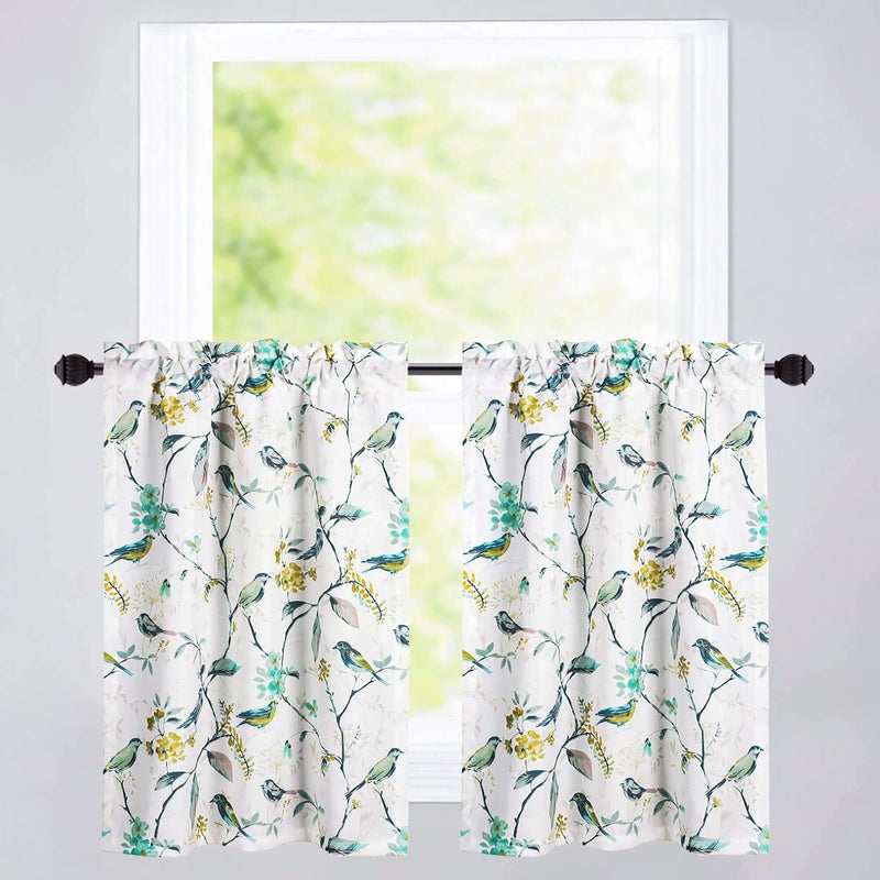 VOGOL Small Window Valances Curtains 30 x 36, Birds Printed Tier Curtain 36 Inch Long Rod Pocket Window Treatments for Kitchen CafÃ© Window, 2 Panels - Image 1